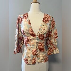 Free People cottage core floral print plunging v-neck blouse